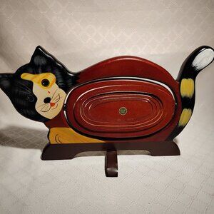 Vintage Wood Calico Cat Tray W/Expanding/Collapsible Bowl